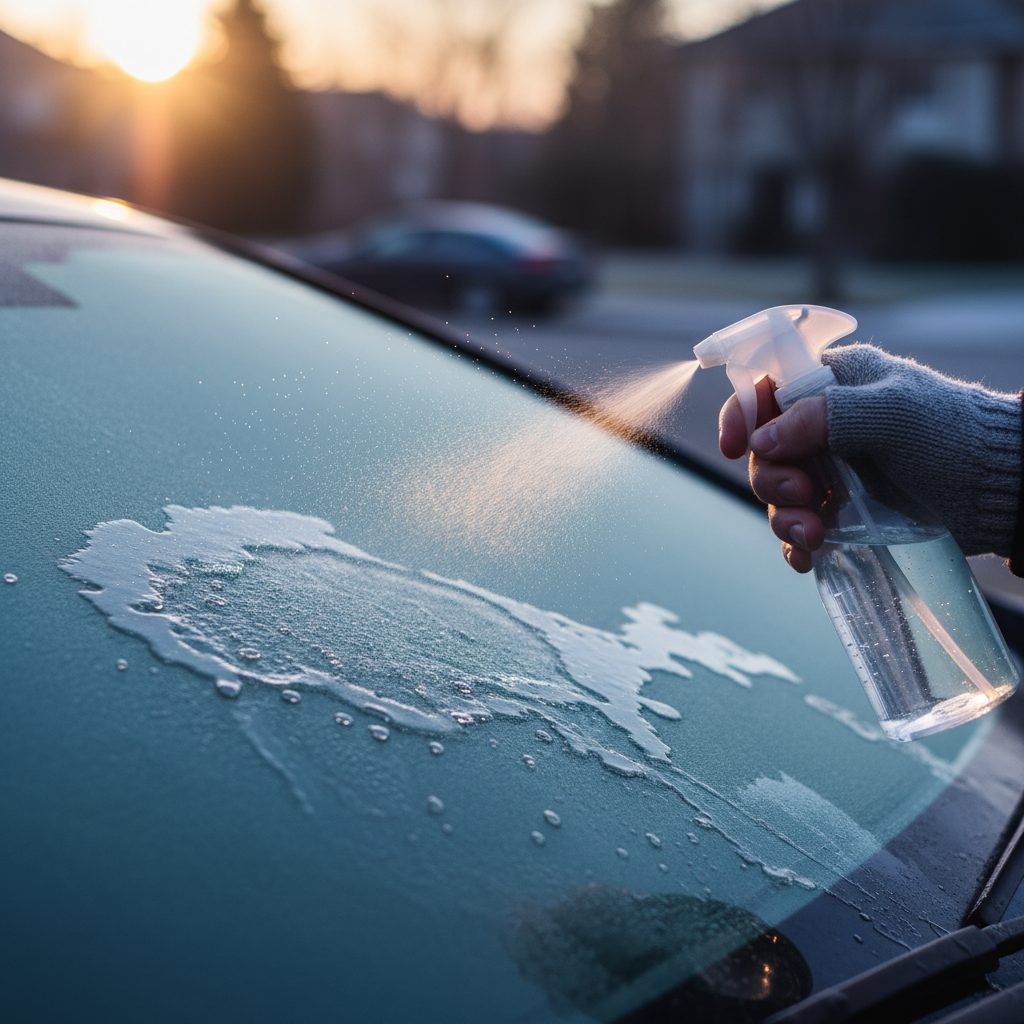 Spray bottle of homemade alcohol-water mix being applied to an icy windshield, illustrating how to de-ice a frozen windshield.
