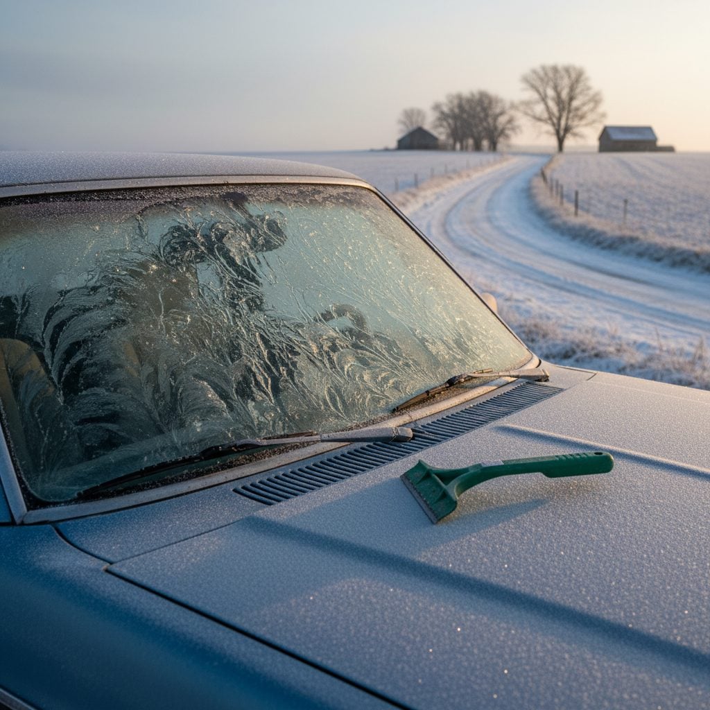 Car windshield encased in thick ice with a green plastic scraper on the hood, showing the need to de-ice a frozen windshield.