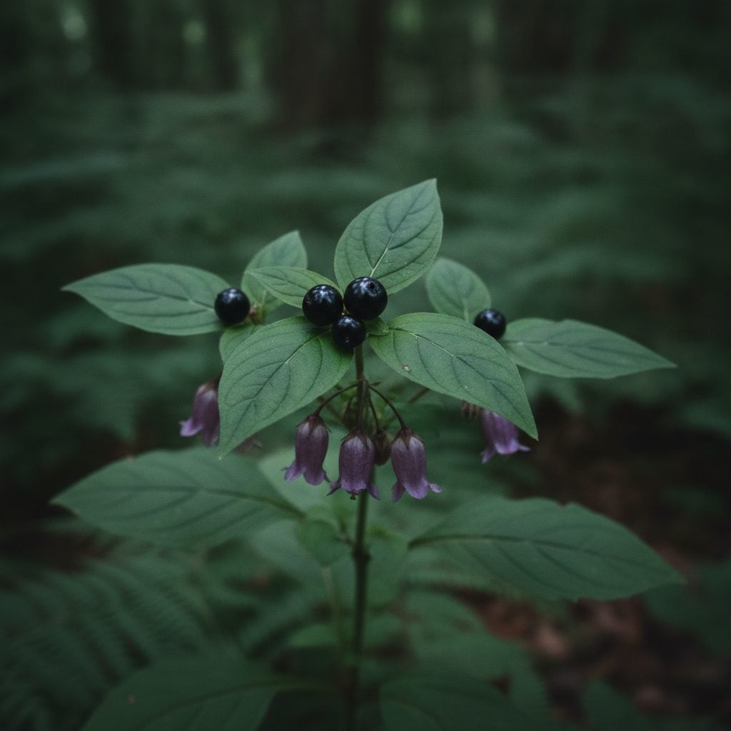 Deadly nightshade plant showing distinctive single shiny black berries, drooping purple-brown bell flowers, and dull green oval leaves in a shaded forest edge.