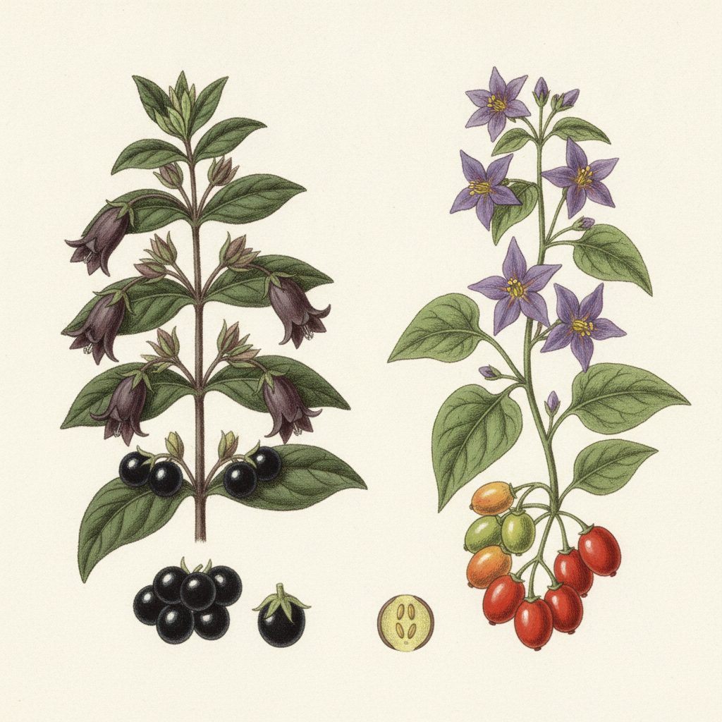Painted botanical comparison of deadly nightshade with black berries and purple bell flowers next to bittersweet nightshade with red berries and yellow-centered purple flowers.
