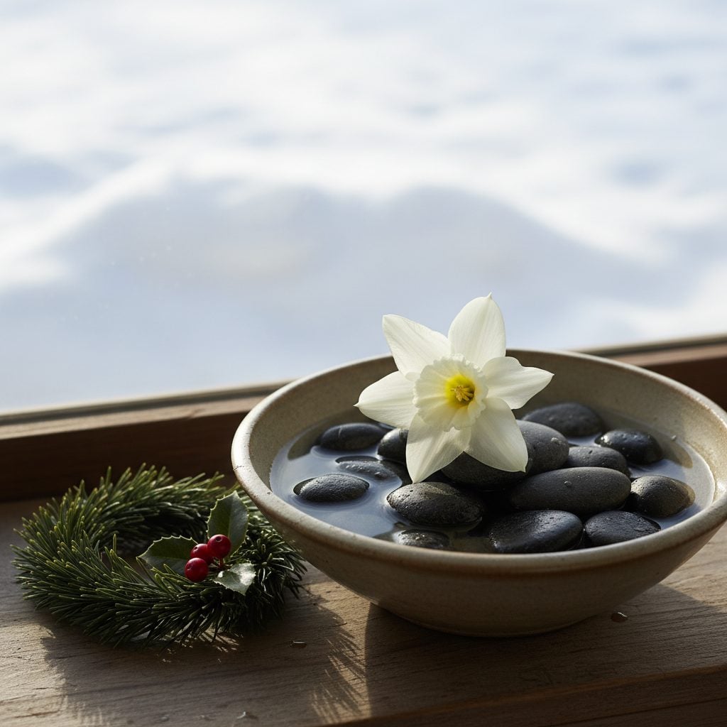 December birth flower paperwhite narcissus in bloom in a pebble bowl on a wooden windowsill beside holly berries with winter snow softly out of focus behind
