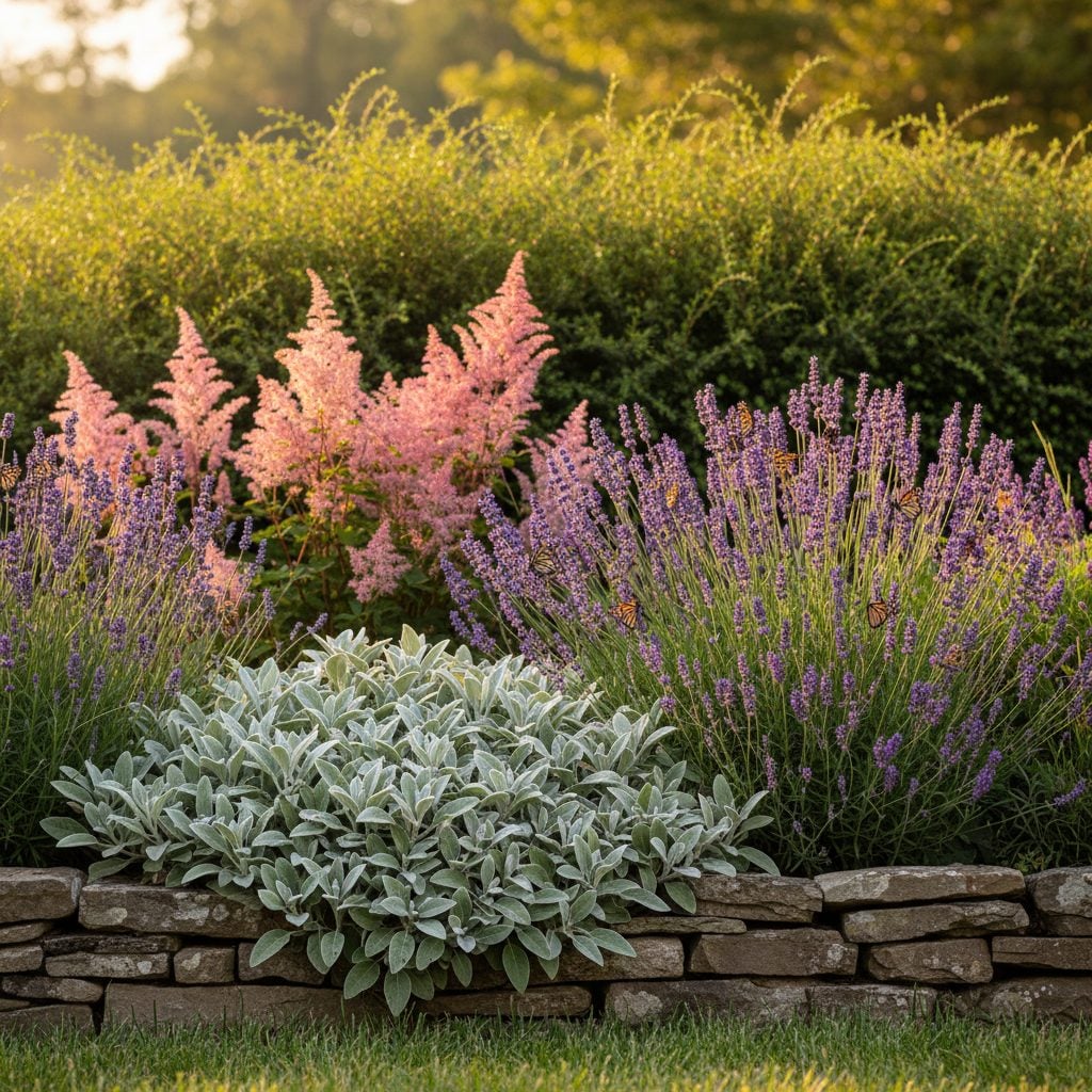 Sunlit cottage garden border of deer-resistant plants with lavender, lamb's ear, astilbe, and juniper in peak summer bloom.