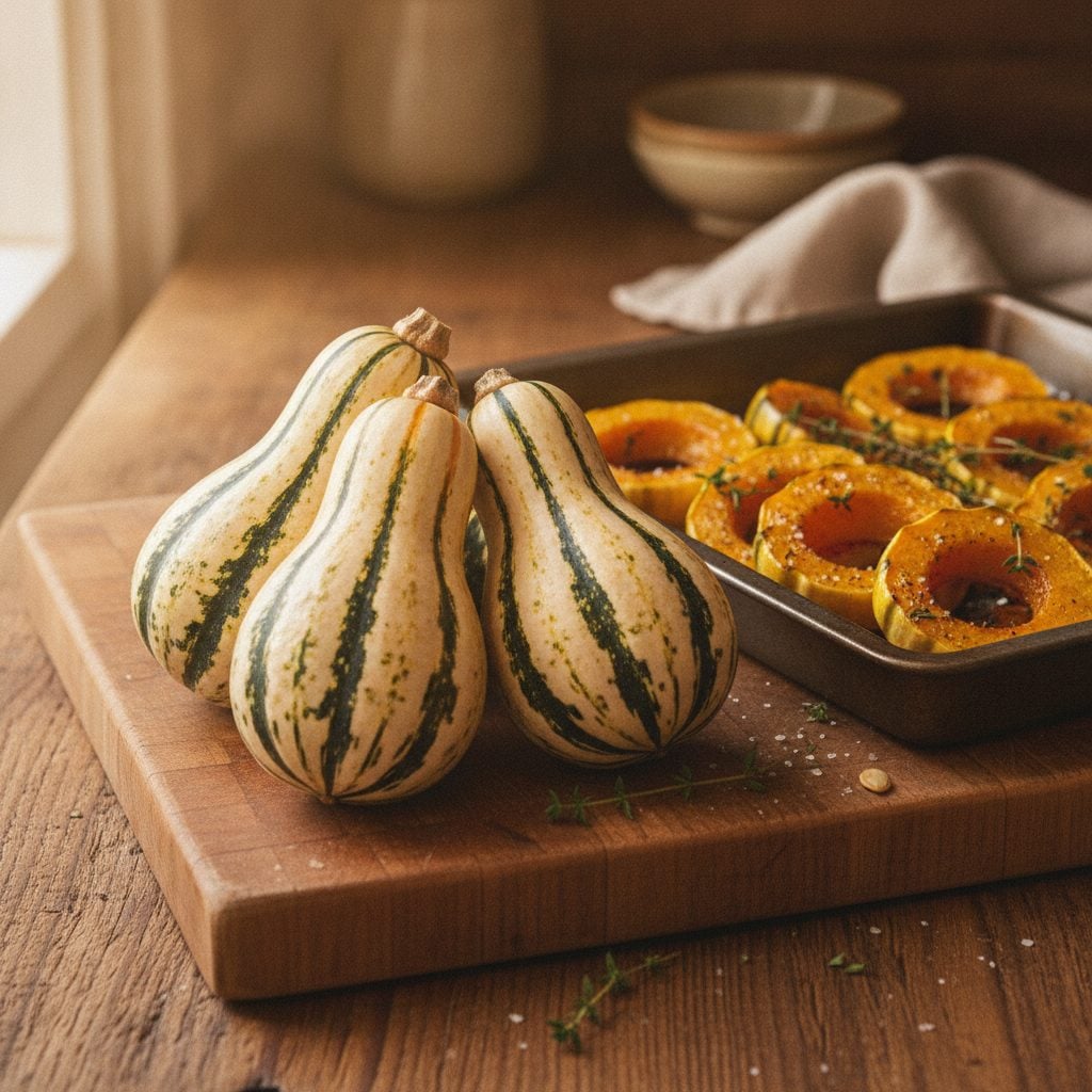 Whole striped delicata squash on a cutting board beside a tray of roasted half-moon slices with thyme