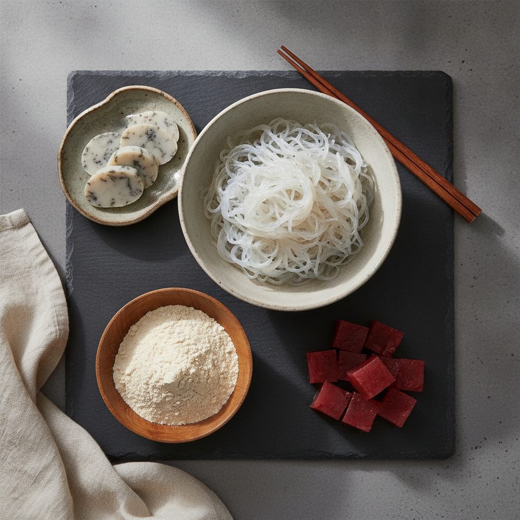 Japanese konjac foods made from the devil's tongue plant including shirataki noodles, konnyaku cake, and konjac jelly