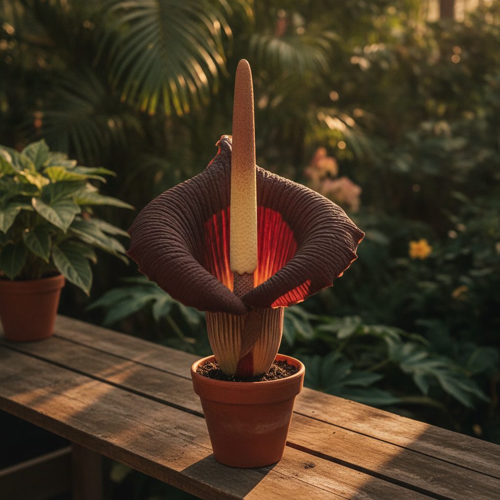 Devil's tongue plant Amorphophallus konjac in full bloom showing the deep maroon spathe and tall central spadix