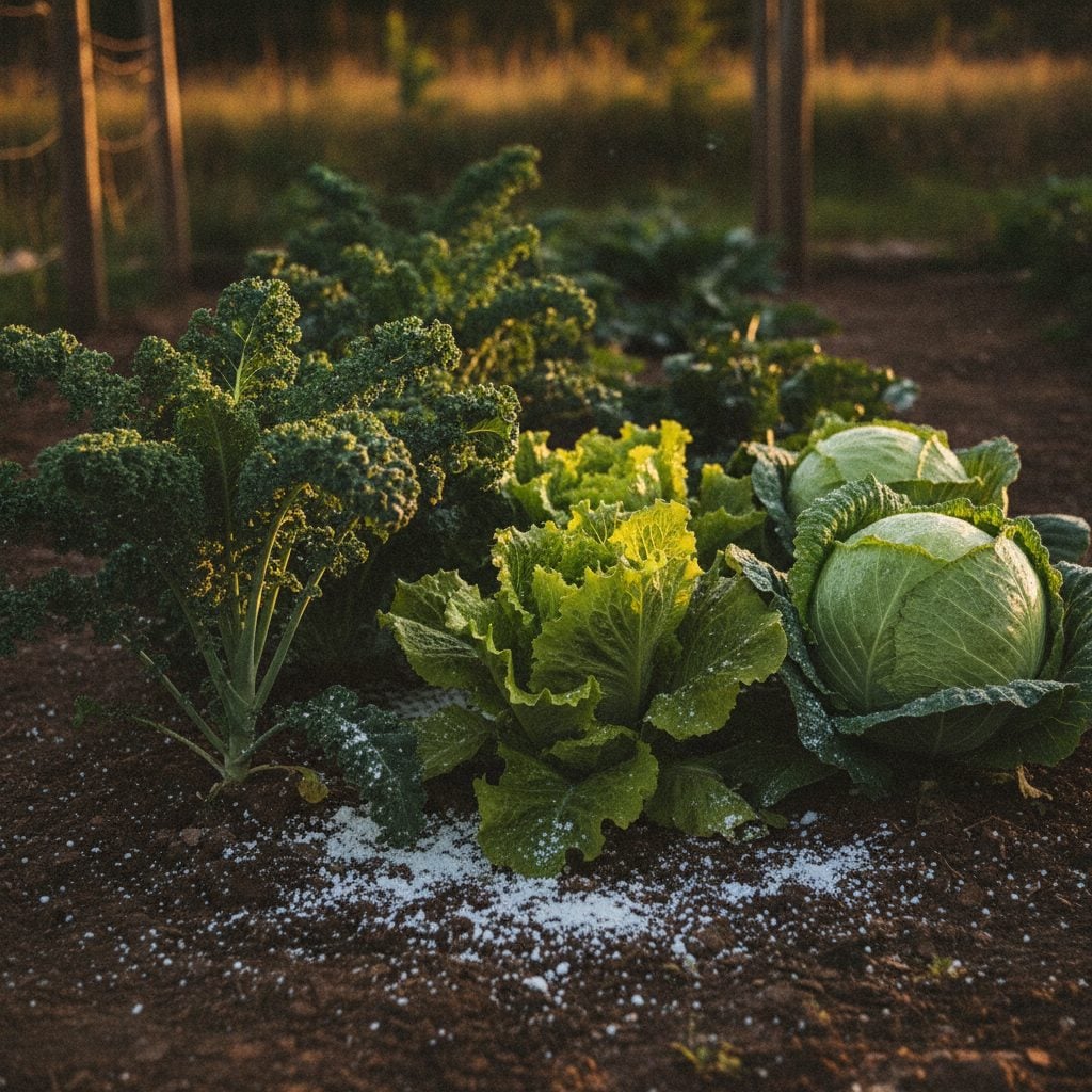 Row of healthy kale, lettuce, and cabbage plants with a fine dusting of diatomaceous earth on the soil around each plant for natural pest control.