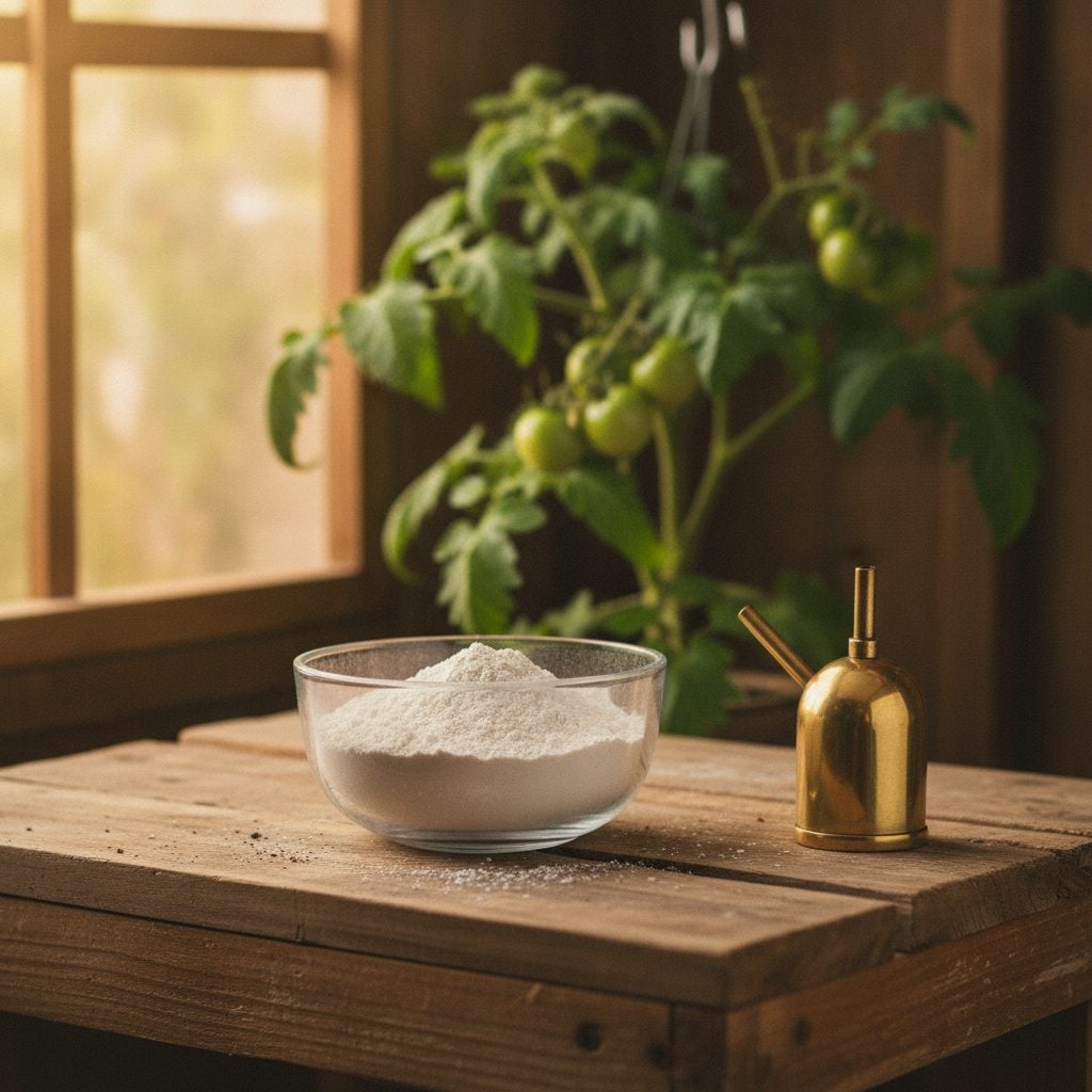 Glass bowl of off-white diatomaceous earth powder beside a brass dusting puffer on a wooden potting bench, ready for garden pest application.