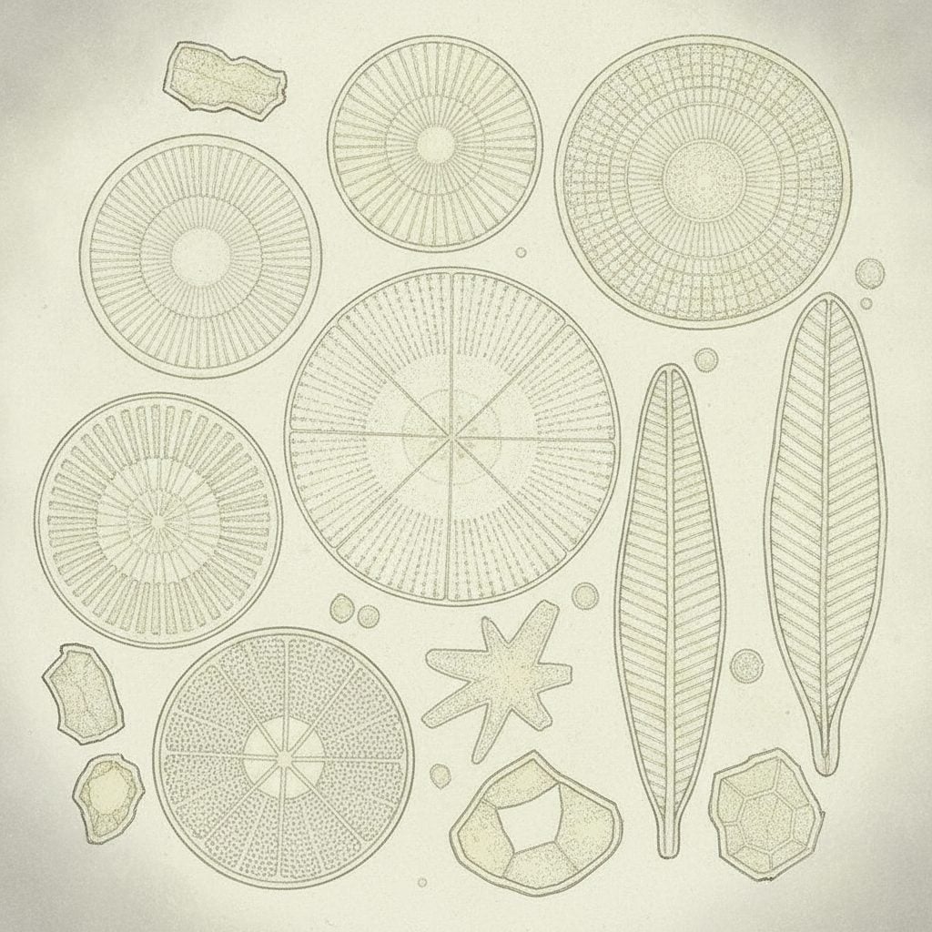 Microscopic-style illustration of diatomaceous earth particles showing the intricate fossilized diatom shell structures that kill insects mechanically.