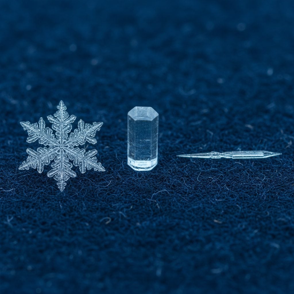 Three different snowflake shapes side by side on dark felt: dendrite, column, and needle, showing the different types of snow crystals.