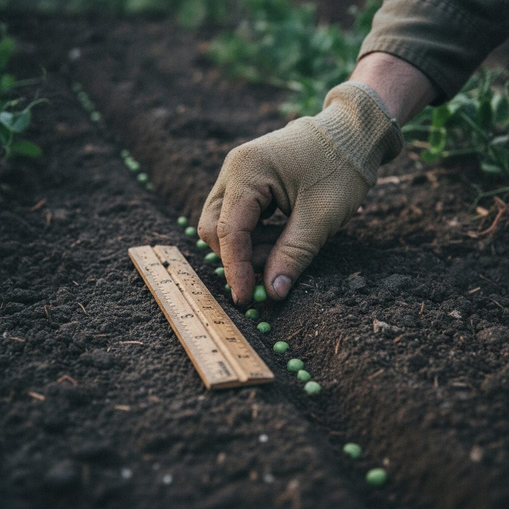 Gardener's hand direct-sowing pea seeds 1.5 inches apart in a freshly raked vegetable bed in early spring.