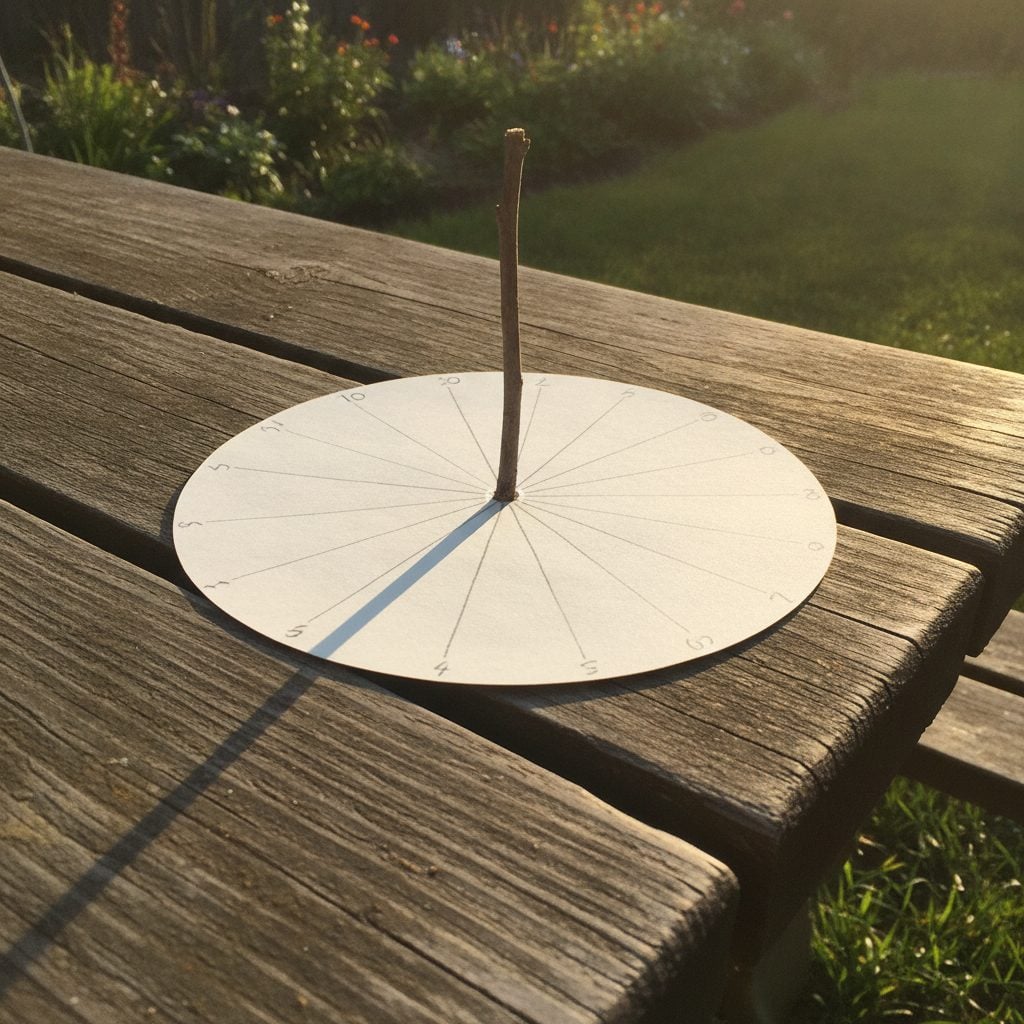 Simple DIY paper horizontal sundial on a wooden picnic table in a sunny backyard with a thin stick gnomon and drawn hour marks.