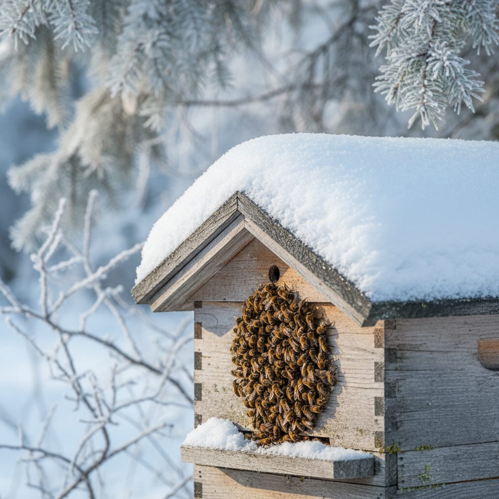 Beehive in winter with bees clustered together, showing why cold winters do not kill honeybees.
