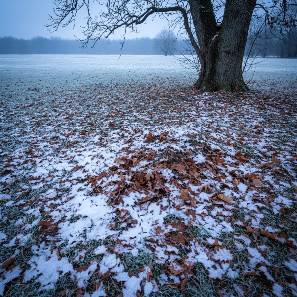 Snow-covered leaf litter at the base of an oak tree, the kind of shelter that lets ticks and other pests survive cold winters.