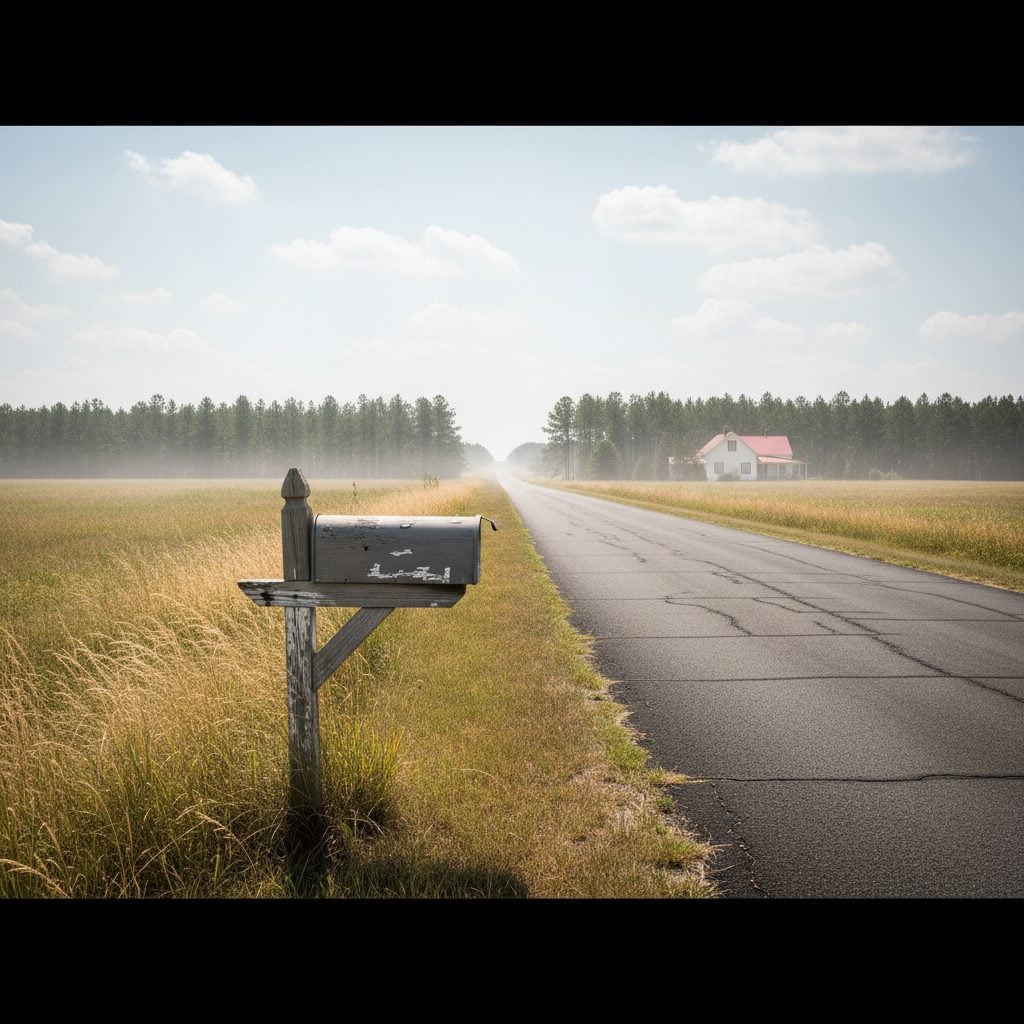 A sun-bleached country road at noon in late July with heat shimmer over the asphalt, a wooden mailbox and tall yellow grass in front of a hazy blue sky