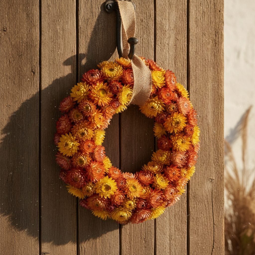 Beautiful dried strawflower wreath of mixed orange, yellow, and pink hanging on a rustic wooden door in warm autumn light.