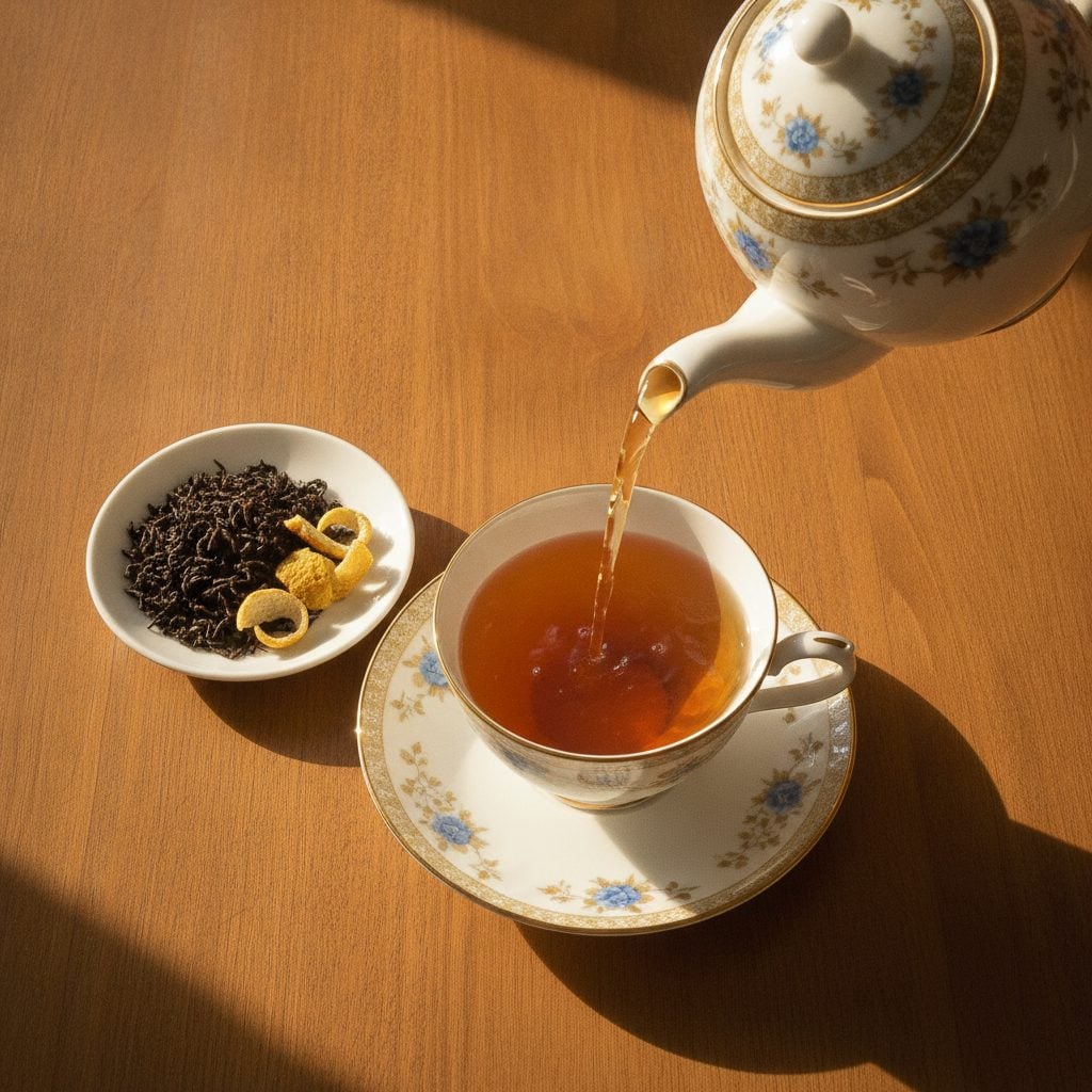 Porcelain teapot pouring Earl Grey tea into a fine china cup with loose Earl Grey leaves and dried bergamot peel in a small dish.