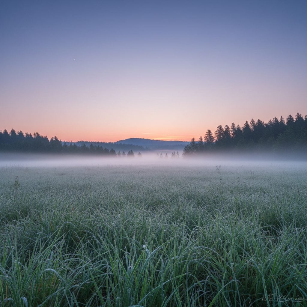 The first sliver of an orange summer sunrise breaking over a low pine ridge with mist in the meadow and dew on the grass