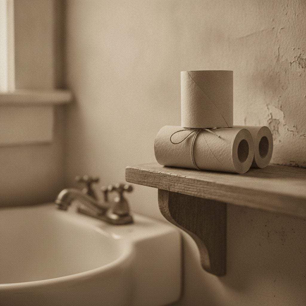 Small stack of plain paper rolls on a vintage wooden bathroom shelf beside an old porcelain sink in soft sepia light.