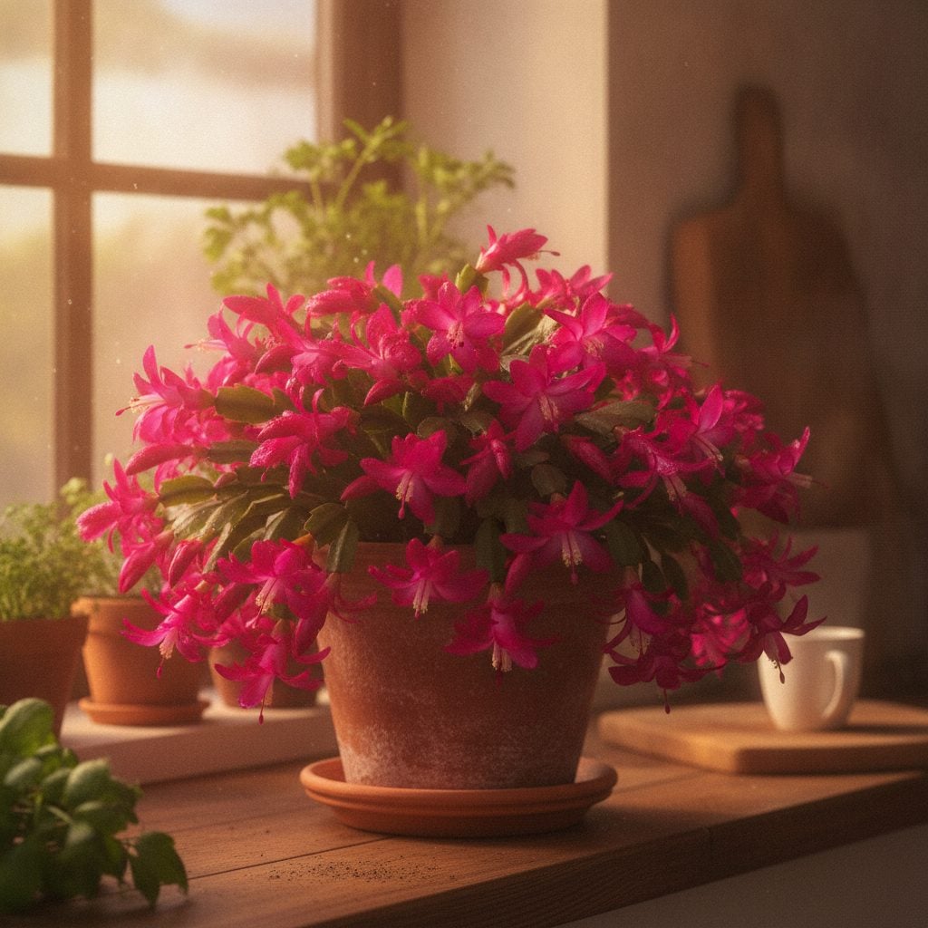 Bright magenta Easter cactus (Rhipsalidopsis gaertneri) in full bloom in a terracotta pot on a sunny kitchen windowsill.