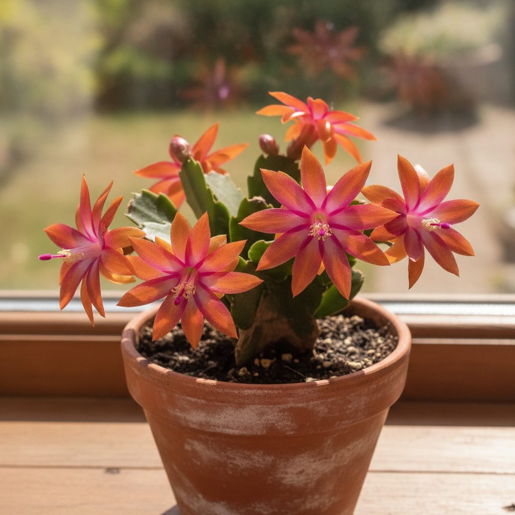 A blooming Easter cactus with star-shaped fuchsia and orange flowers on green segmented stems in a clay pot
