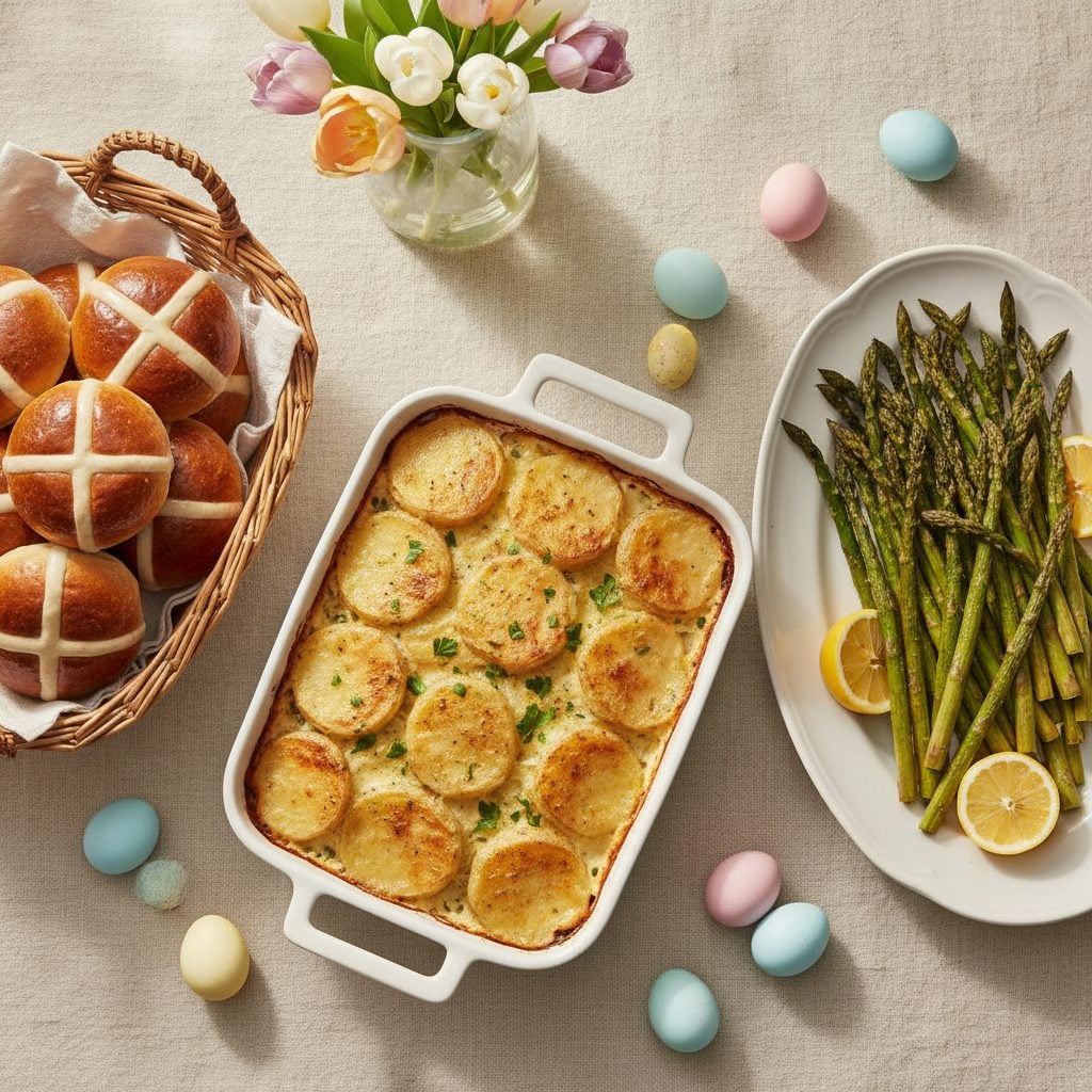 Easter dinner spread with scalloped potatoes asparagus and hot cross buns