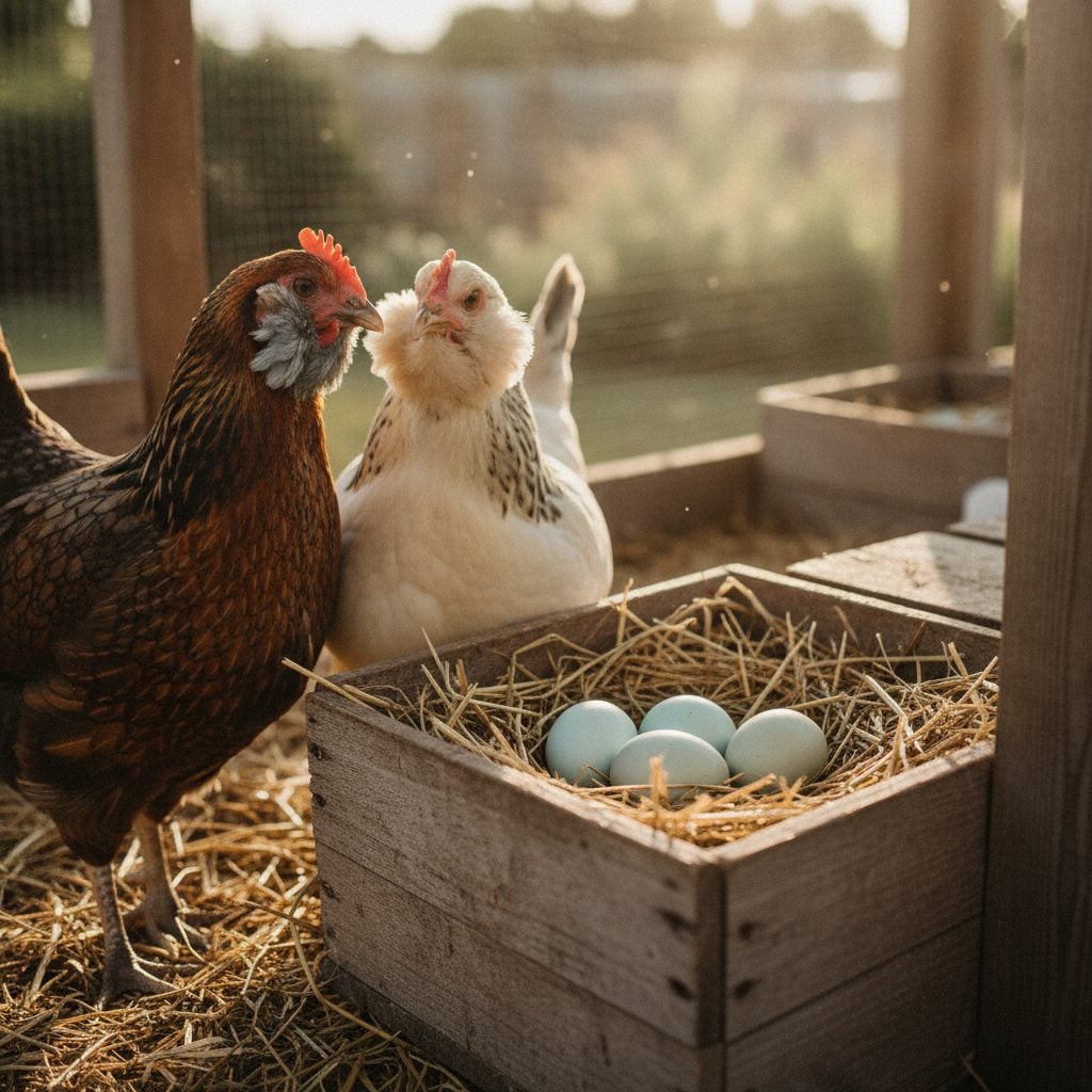 Easter egg chickens, an Easter Egger and an Ameraucana hen, beside a nest of naturally blue and green eggs in a backyard coop
