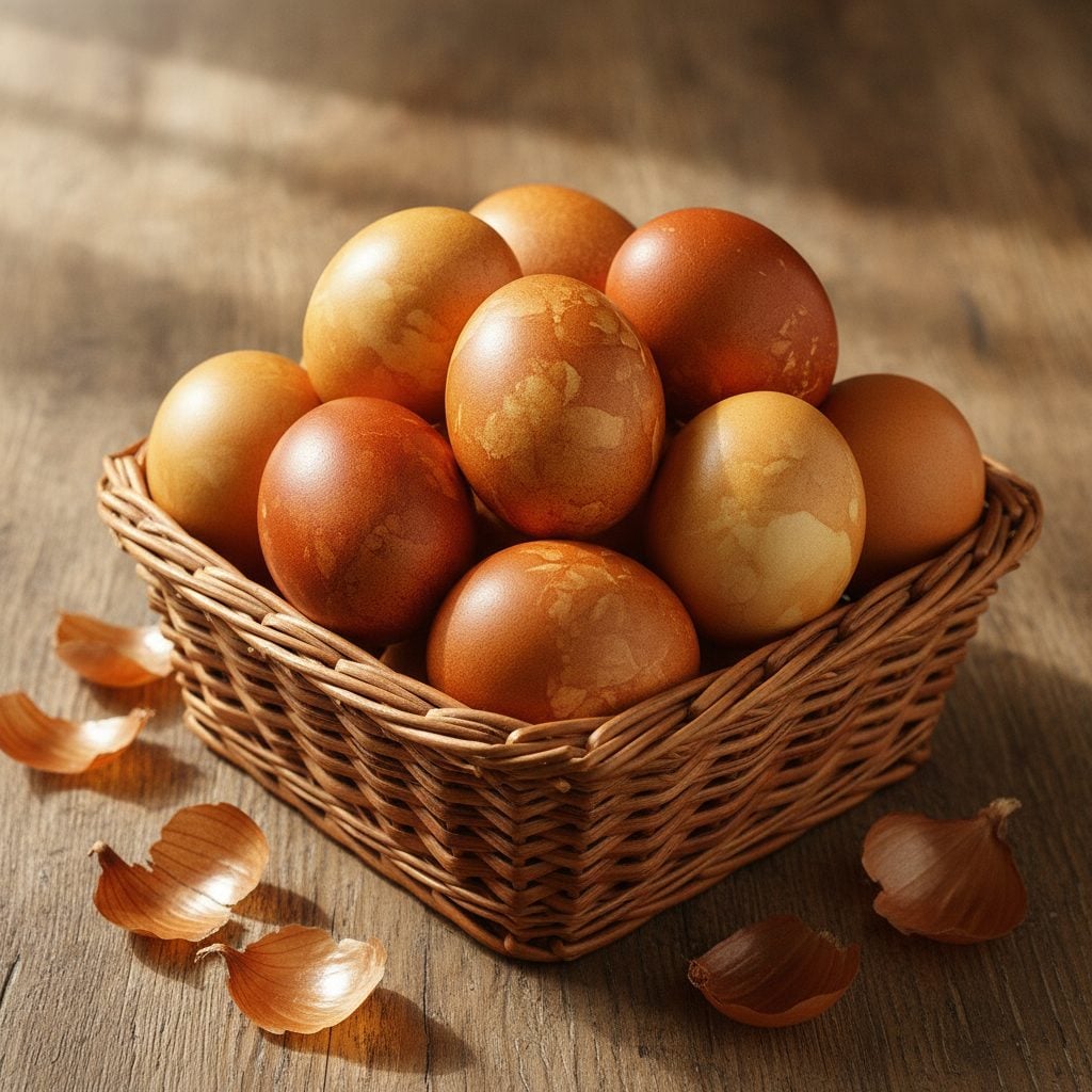 Easter eggs naturally dyed deep amber and golden brown with onion skins, sitting in a wicker basket on a wooden table.