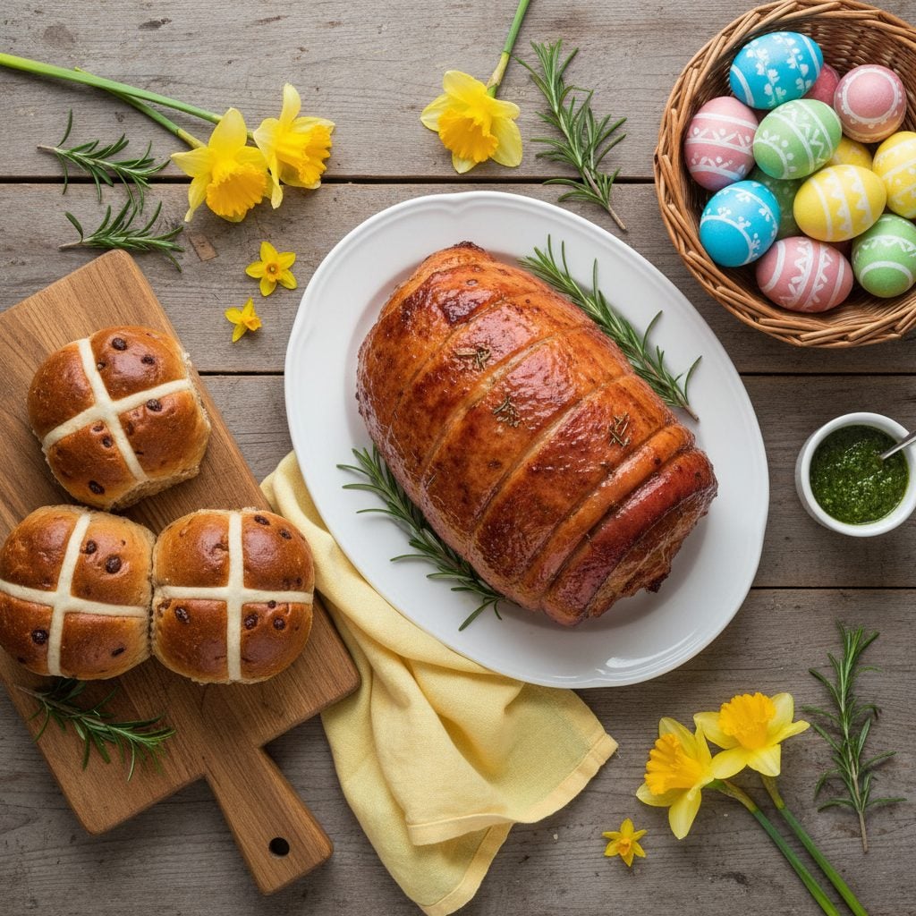 Overhead Easter table with glazed Easter ham, dyed eggs in a basket, hot cross buns on a wooden board, rosemary sprigs and daffodils for spring