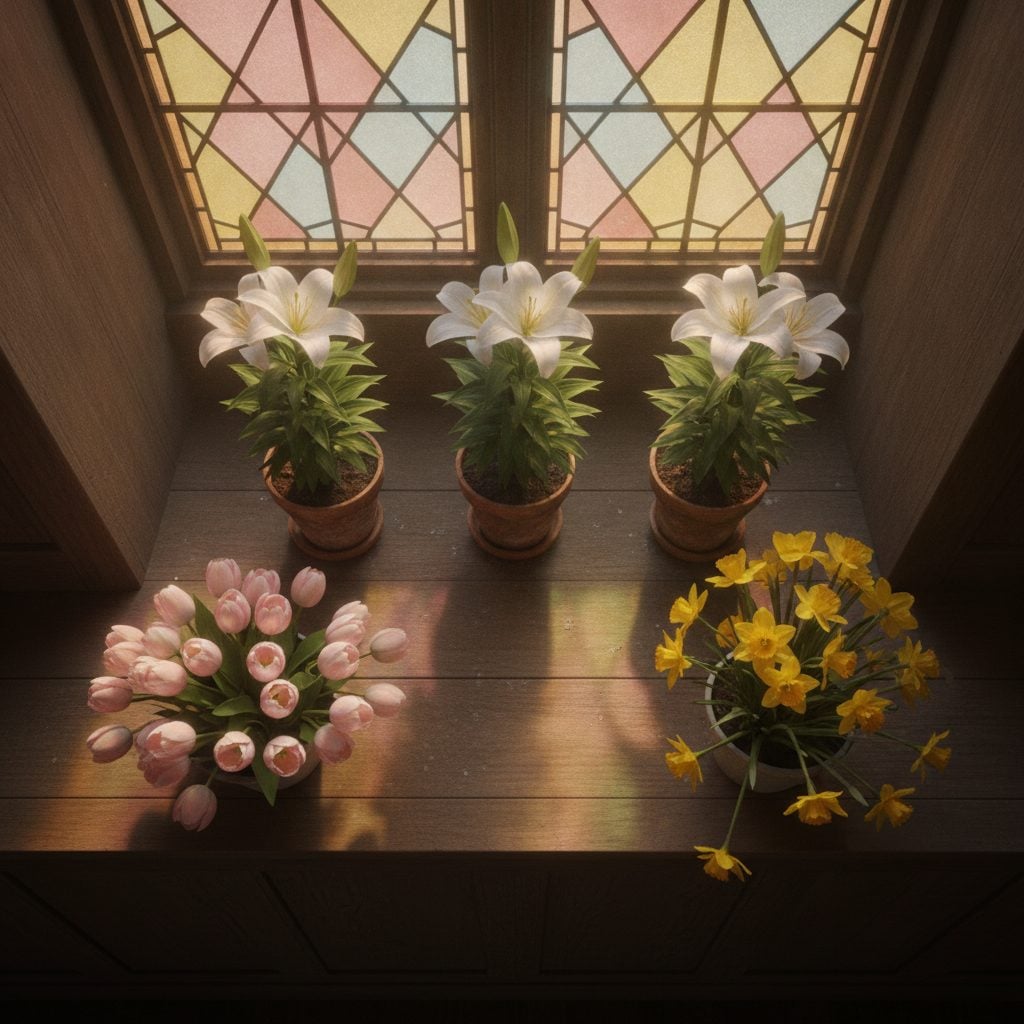 Wooden church windowsill displaying white Easter lilies in terracotta pots with pink tulips and yellow daffodils in soft Easter morning light.