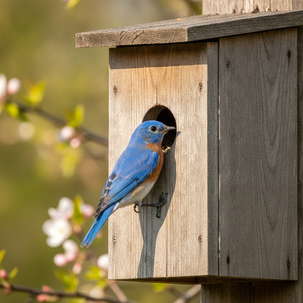 Beautiful native eastern bluebird perched at the entry hole of a wooden nest box on a garden post in soft spring morning light.