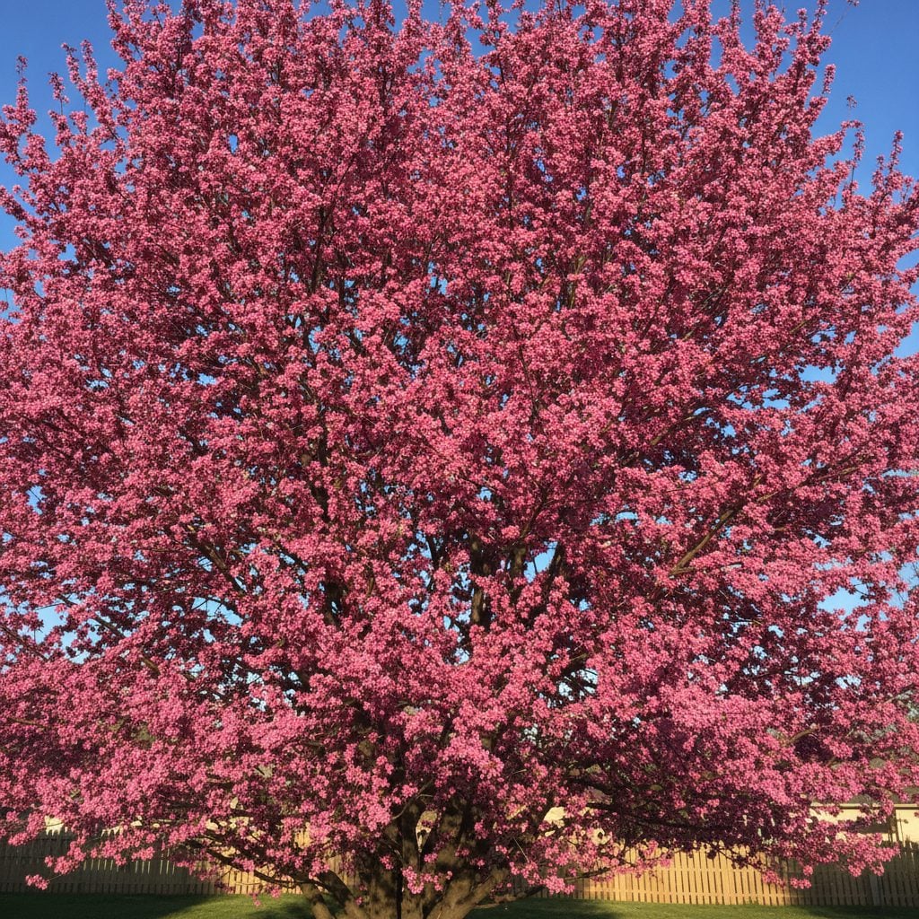Eastern redbud tree covered in vibrant magenta-pink blooms along bare branches against a clear blue spring sky.