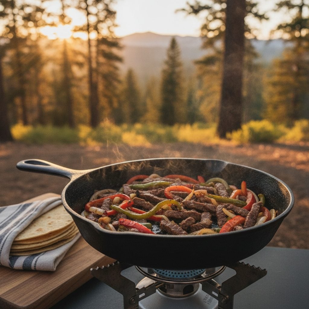 Cast-iron skillet of camp fajitas with steak and peppers cooking at a forested campsite at sunset