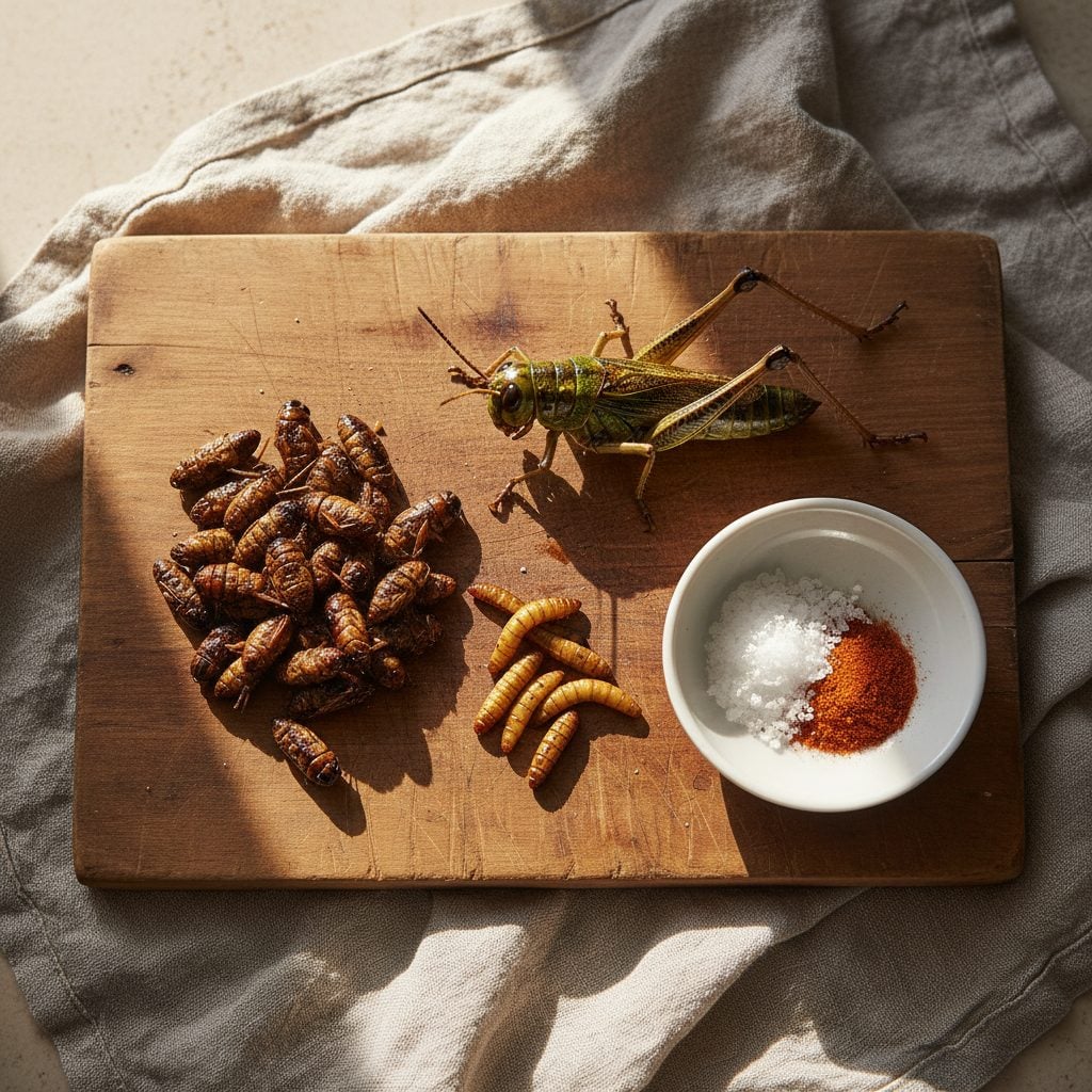 Rustic wooden tasting board with roasted crickets, mealworms, and a sauteed grasshopper, a beginner home cook spread of edible bugs