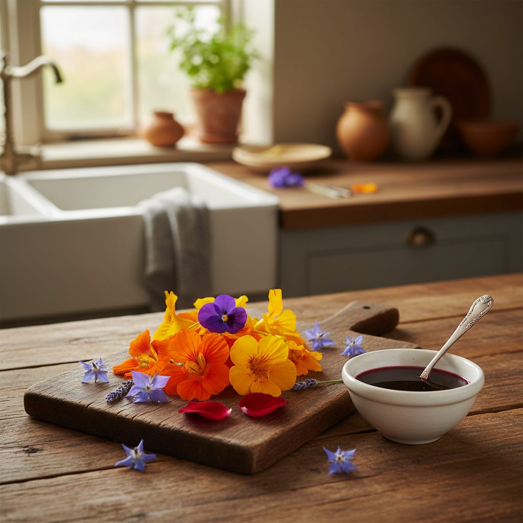 Edible flowers arranged on a wooden cutting board with nasturtium, pansy, lavender, rose petal, and borage beside a bowl of hibiscus syrup