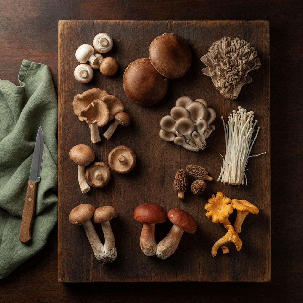 Ten popular edible mushroom varieties arranged on a dark wooden cutting board including button, cremini, portobello, shiitake, oyster, porcini, morel, enoki, chanterelle, and maitake