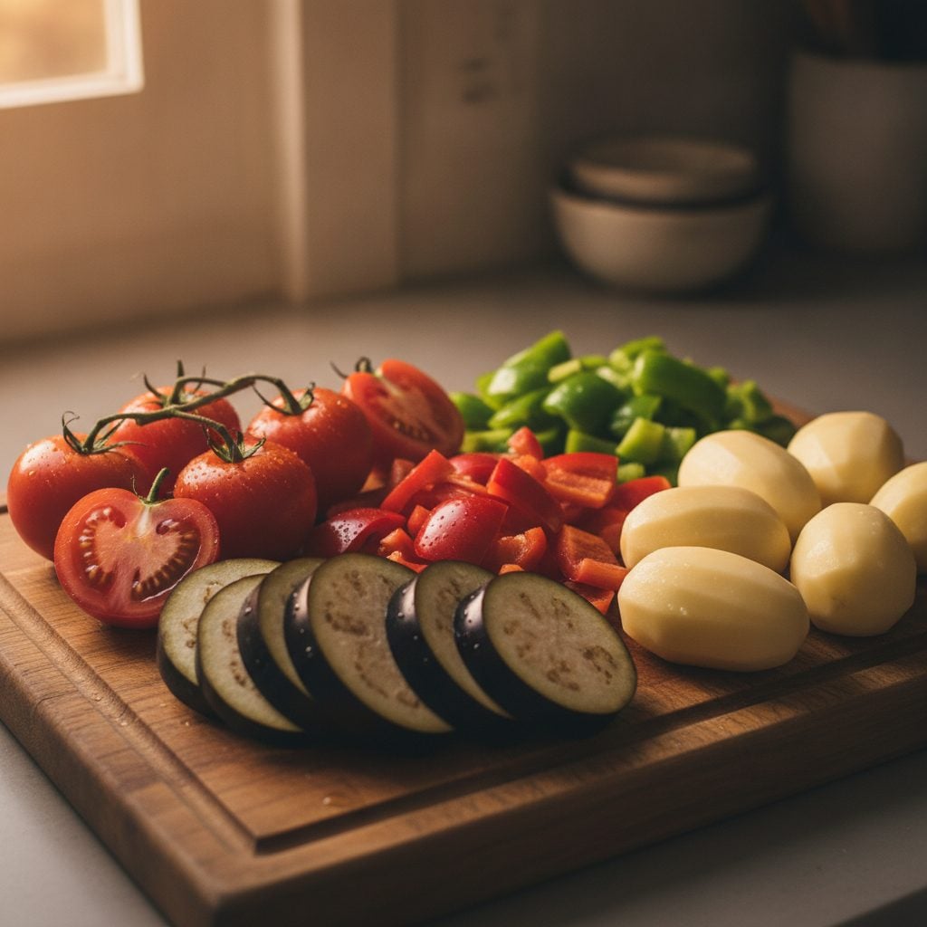 Wooden cutting board with fresh red tomatoes, bell peppers, purple eggplant, and white potatoes in warm kitchen light.