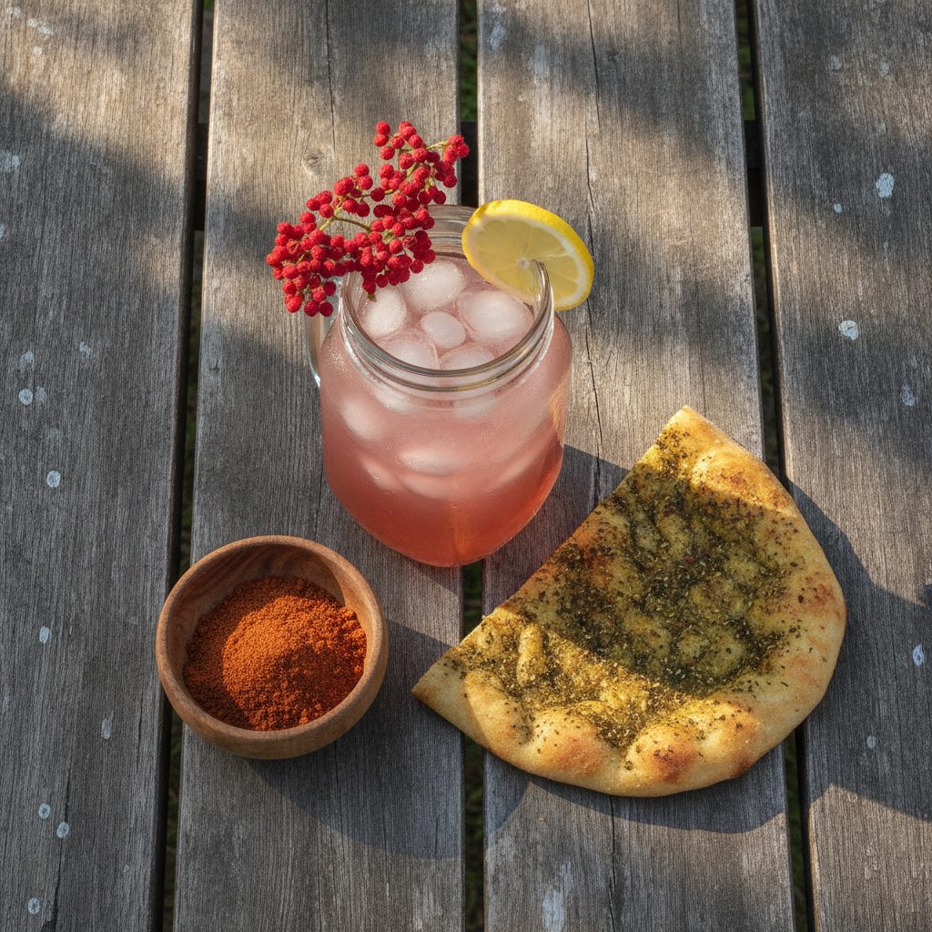 Sumac lemonade in a mason jar beside ground sumac spice and za'atar flatbread on a wooden picnic table