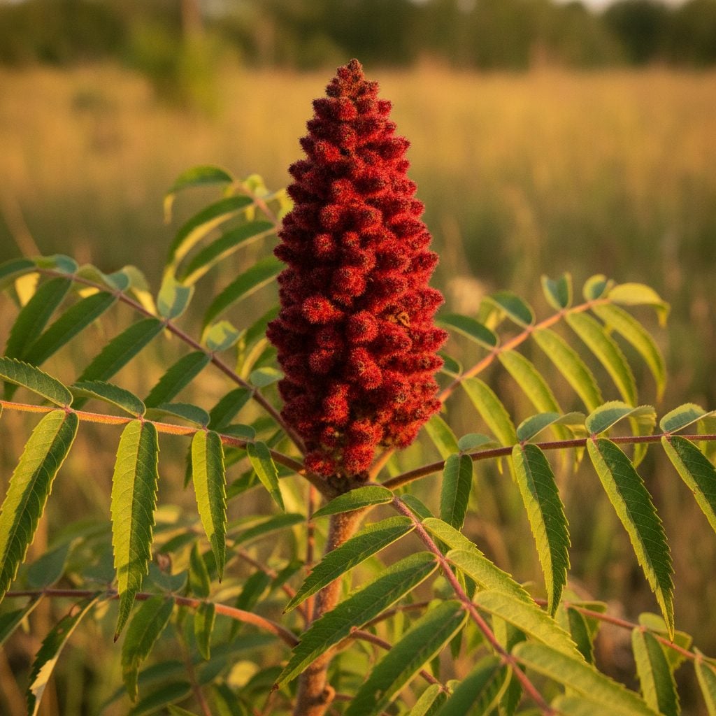 Ripe red staghorn sumac berry cluster on a fuzzy branch in late summer, the edible sumac berries used for sumac-ade and the za'atar spice blend