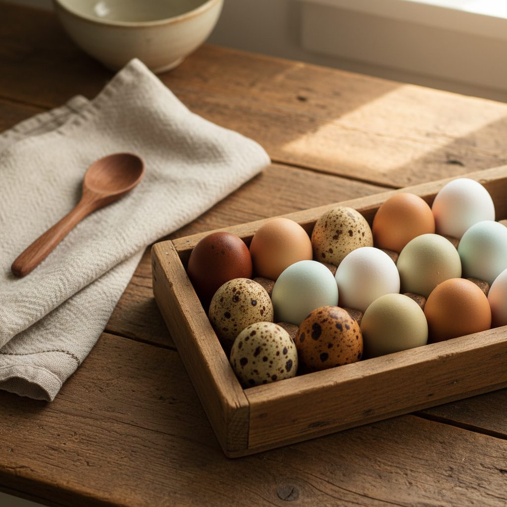 An open wooden egg carton on a kitchen counter holding speckled brown, white, blue, and light green eggs in warm morning light