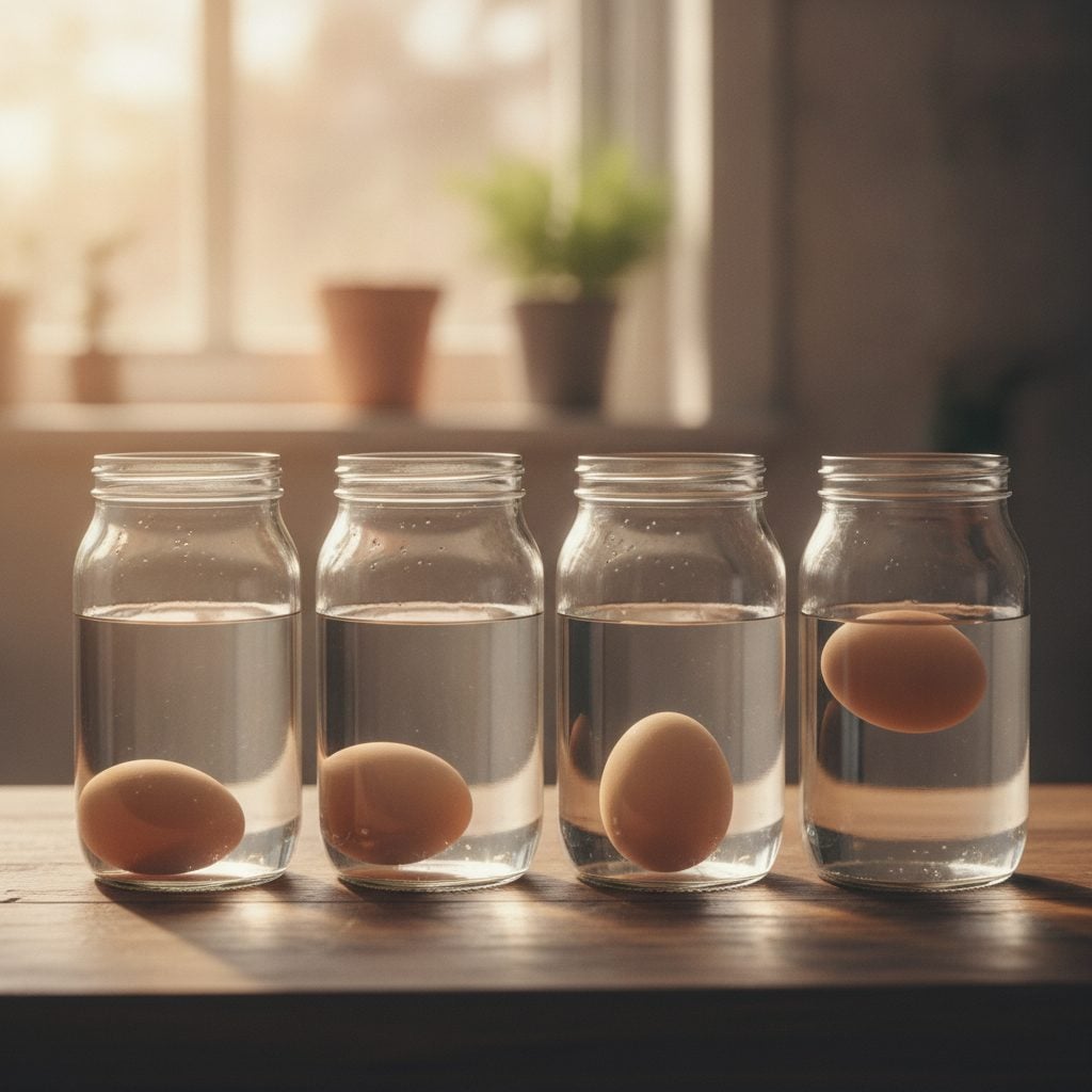 Four glass jars of water side by side showing eggs in different float-test positions: lying flat, tilted, upright, and floating.