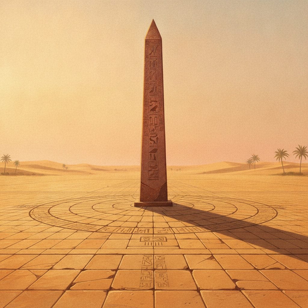 Painted scene of an ancient Egyptian obelisk casting a shadow on a calibrated stone pavement in soft warm morning desert light.