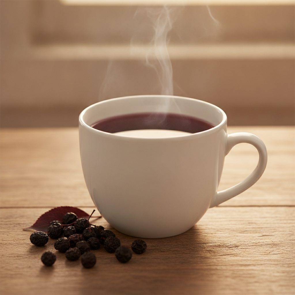 Steaming porcelain mug of dark elderberry tea with whole dried elderberries scattered on a wooden table in warm morning light.