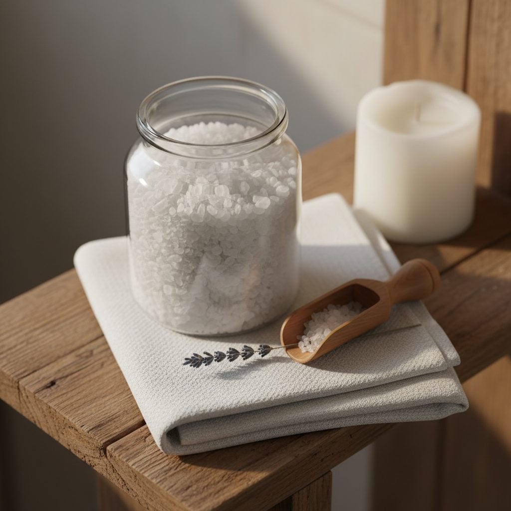 A glass jar of white Epsom salt crystals on a wooden bathroom shelf with a wooden scoop, folded towel, dried lavender, and a candle in soft light