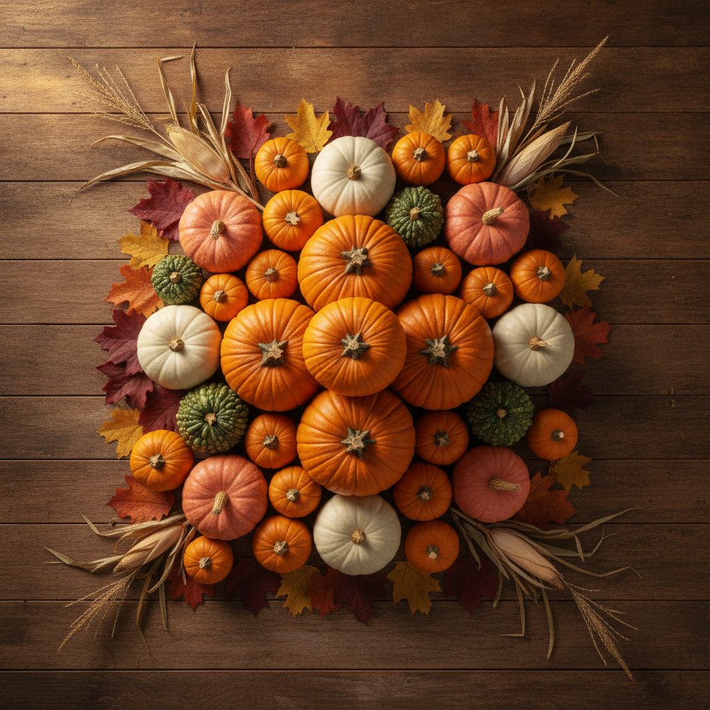 Variety of pumpkins in different sizes and colors on a wooden barn floor with autumn leaves