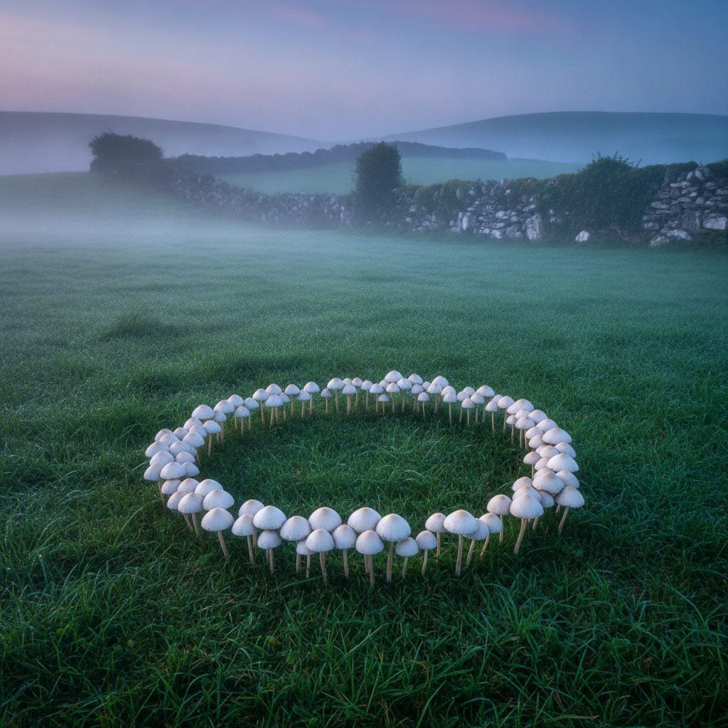 Natural circular fairy ring of small white mushrooms in a green Irish field at dawn with soft mist and ancient stone wall in the background.