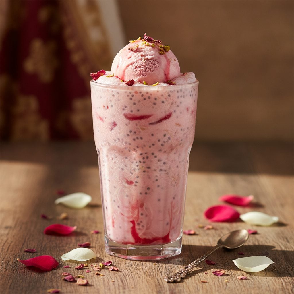 Glass cup of pink rose-flavored falooda drink with gelled translucent basil seeds suspended throughout on a wooden table with rose petals.