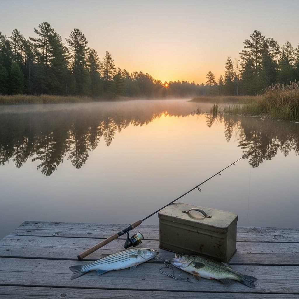 Quiet U.S. lake at dawn with a wooden dock, fishing rod and tackle box, and a stringer holding a striped bass and a largemouth bass beside the water