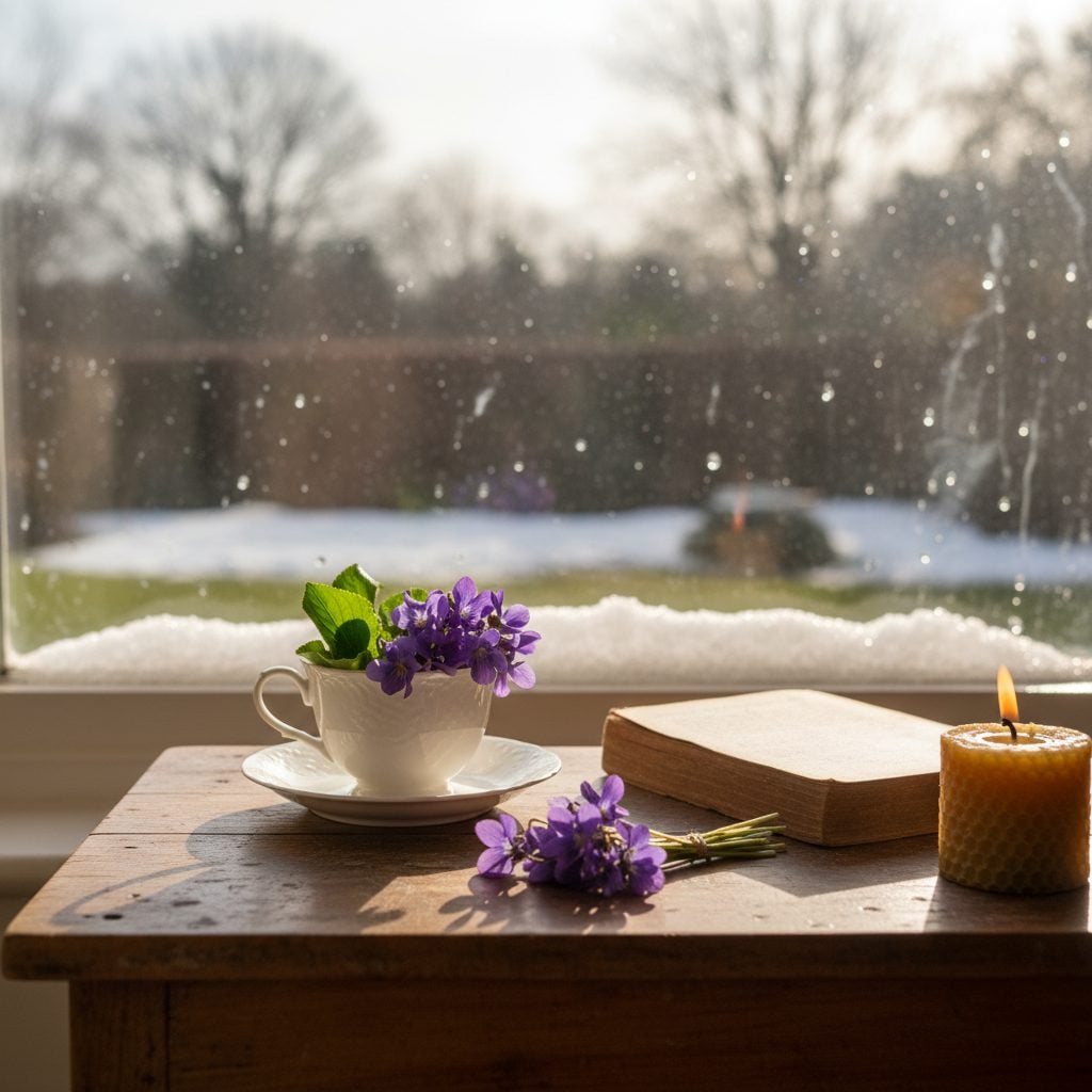 February birth flower posy of purple violets in a porcelain teacup on a wooden table beside an open antique book in soft late winter window light