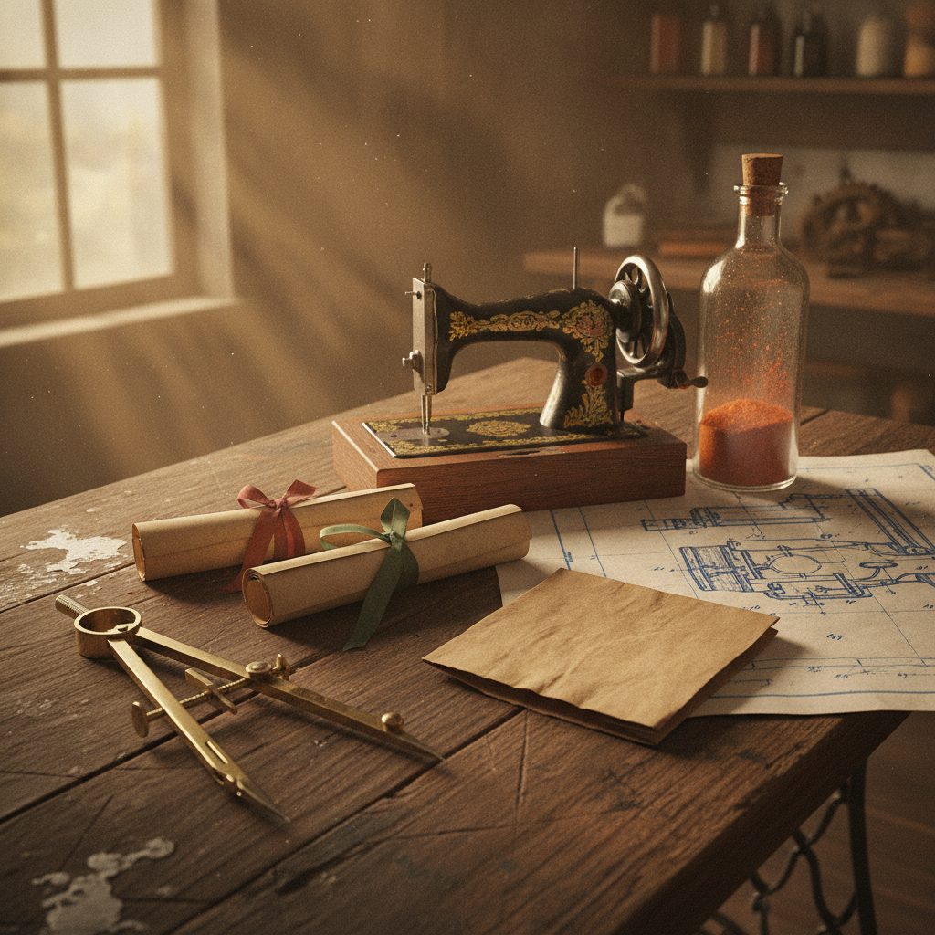 Vintage inventor's workshop bench with brass tools, rolled patents, an antique sewing machine, and a signal flare, honoring female inventors
