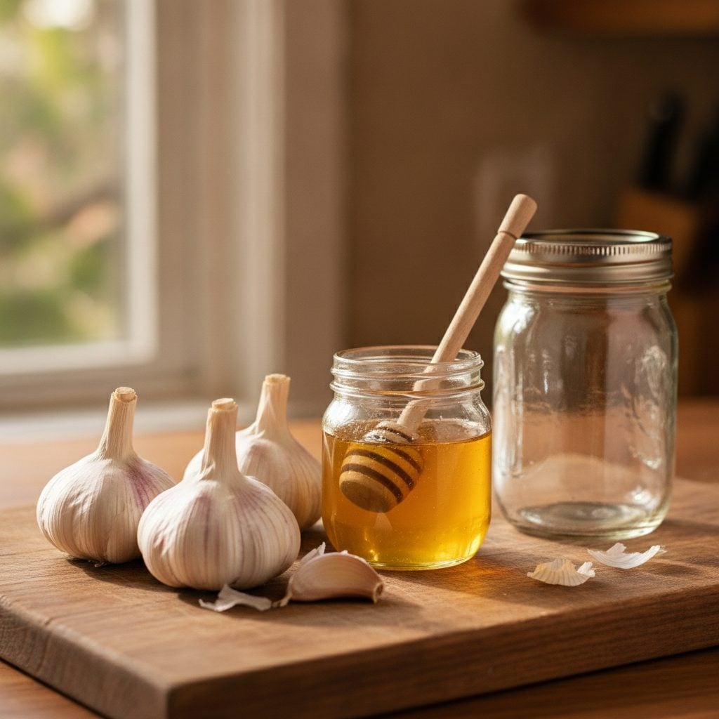 Fresh raw garlic bulbs and a small jar of raw honey on a wooden cutting board with an empty clean mason jar ready for fermentation.